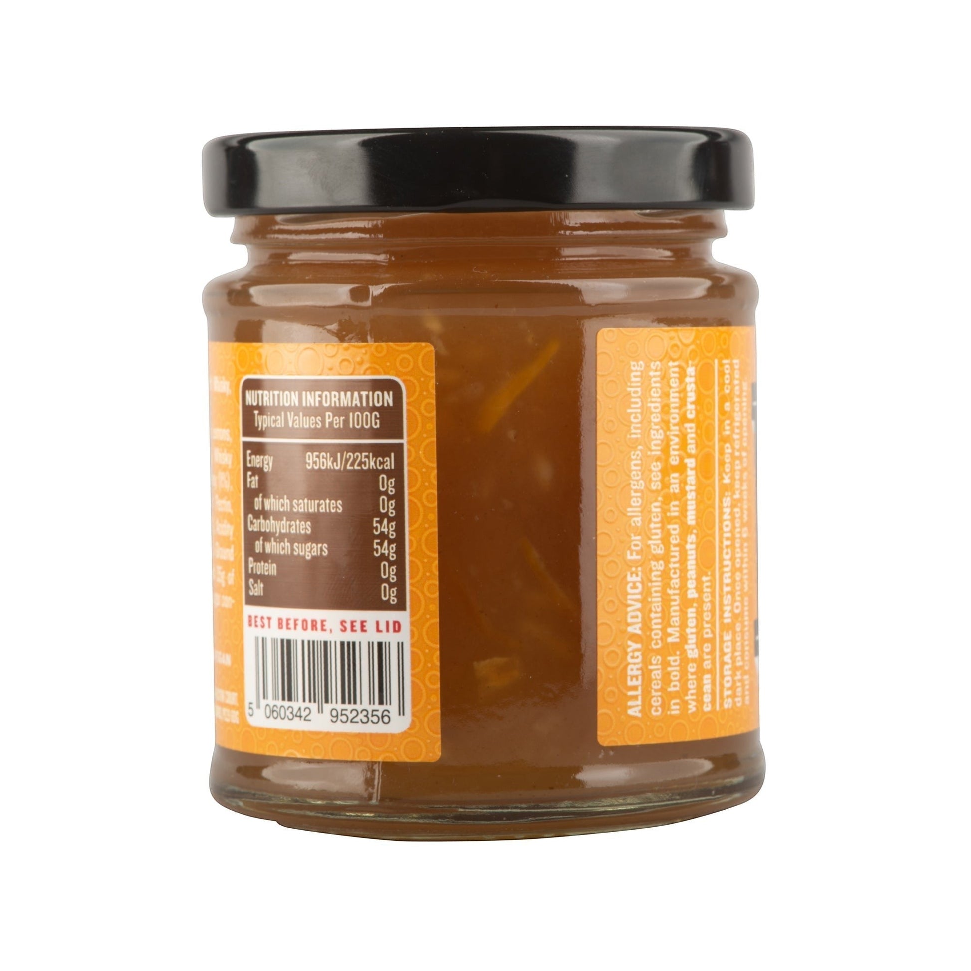 Back label of Manfood Hot Toddy Marmalade Preserve jar, showing branding and product details on the marmalade packaging.