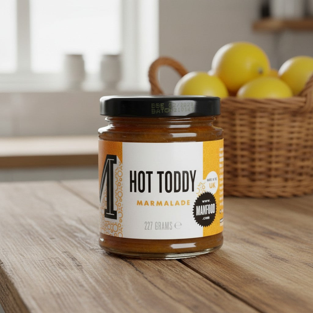 Jar of Manfood Hot Toddy Marmalade Preserve showing the label and orange marmalade inside the glass jar.