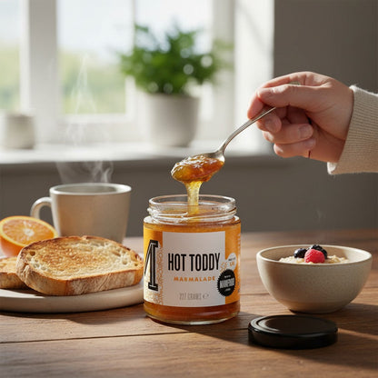 Manfood Hot Toddy Marmalade preserve in a jar, showcasing its golden color and thick, textured consistency.