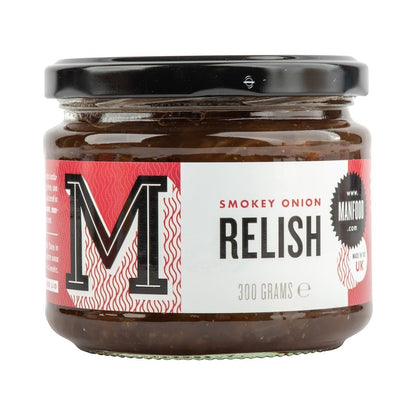 Manfood Smokey Onion Relish in a jar, showcasing its dark, smoky color and chunky texture, perfect for enhancing dishes.