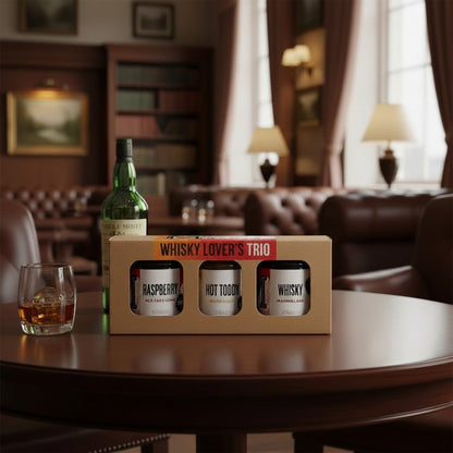 Manfood Whisky Lover's Trio Marmalade Gift Set in a decorative gift box featuring three jars of whisky-flavored marmalade.