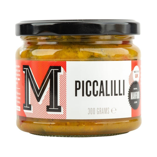 Jar of Manfood Chunky Piccalilli, a crisp vegetable relish with colorful chopped vegetables in a glass jar.