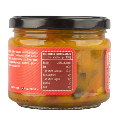 Jar of Manfood Chunky Piccalilli, a crisp vegetable relish with colorful chopped vegetables in a glass jar.