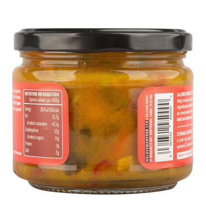Manfood Chunky Piccalilli jar showing a vibrant, colorful vegetable relish with chunks of pickled vegetables in a clear glass jar.