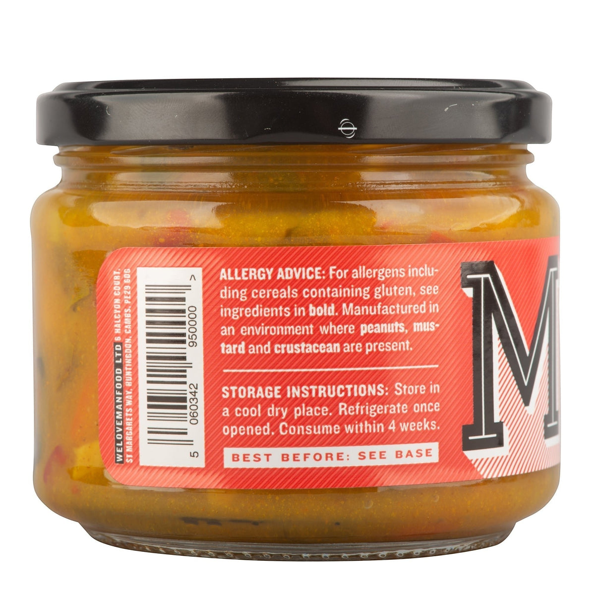 Jar of Manfood Chunky Piccalilli, a crisp vegetable pickle relish with colorful chopped vegetables in a glass jar.