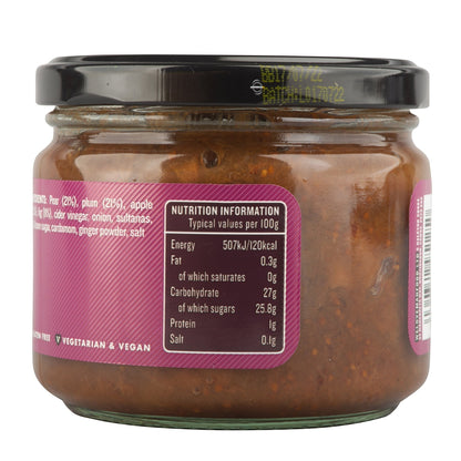 Jar of Manfood Pear, Apple, Fig & Plum Chutney showing the colorful label and glass jar.