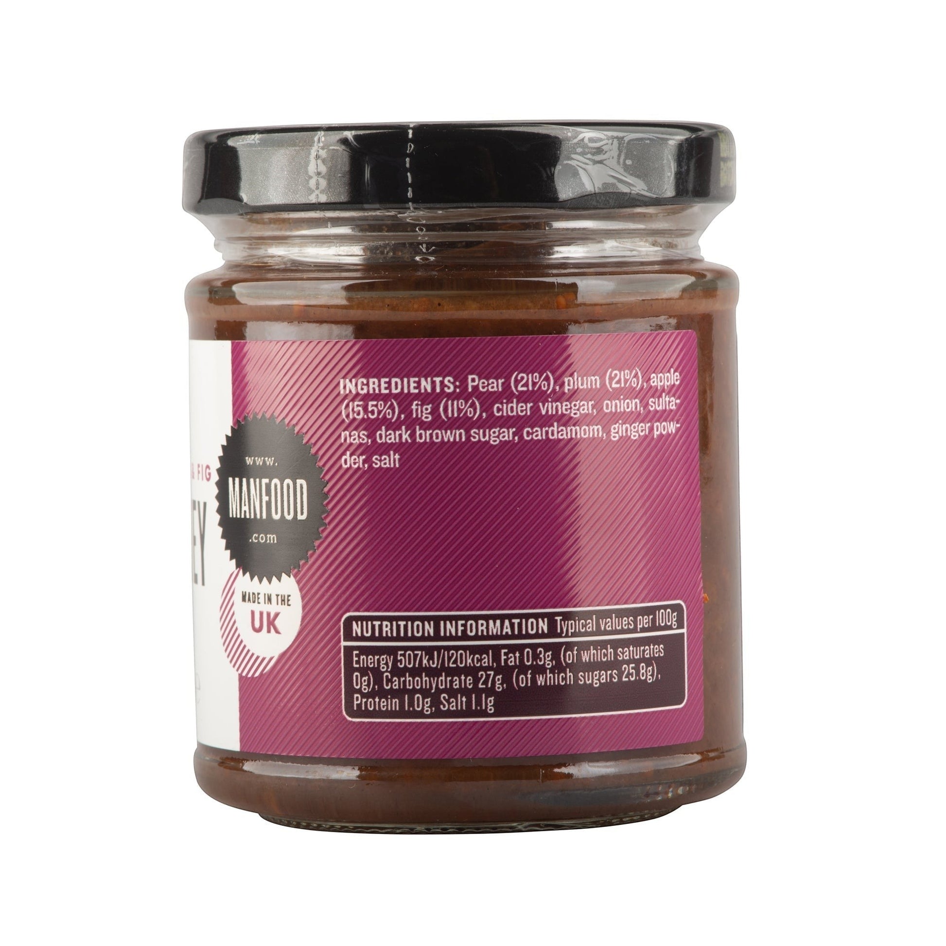 Jar of Manfood Pear, Apple, Fig & Plum Chutney with a colorful label showcasing fresh fruit ingredients.