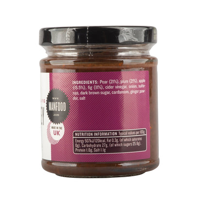Jar of Manfood Pear, Apple, Fig & Plum Chutney with a colorful label showcasing fresh fruit ingredients.