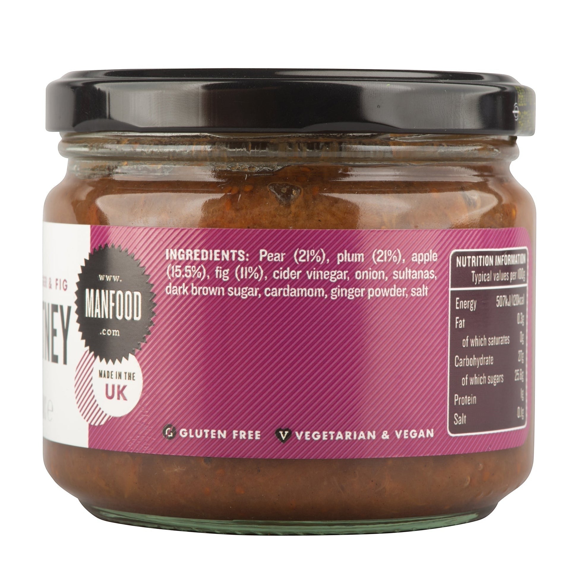 Jar of Manfood pear, apple, fig, and plum chutney with visible fruit chunks and rich, flavorful texture.