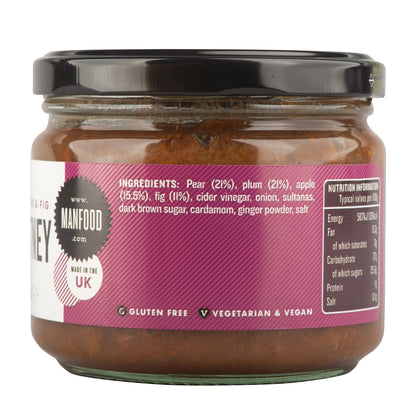 Jar of Manfood pear, apple, fig, and plum chutney with visible fruit chunks and rich, flavorful texture.