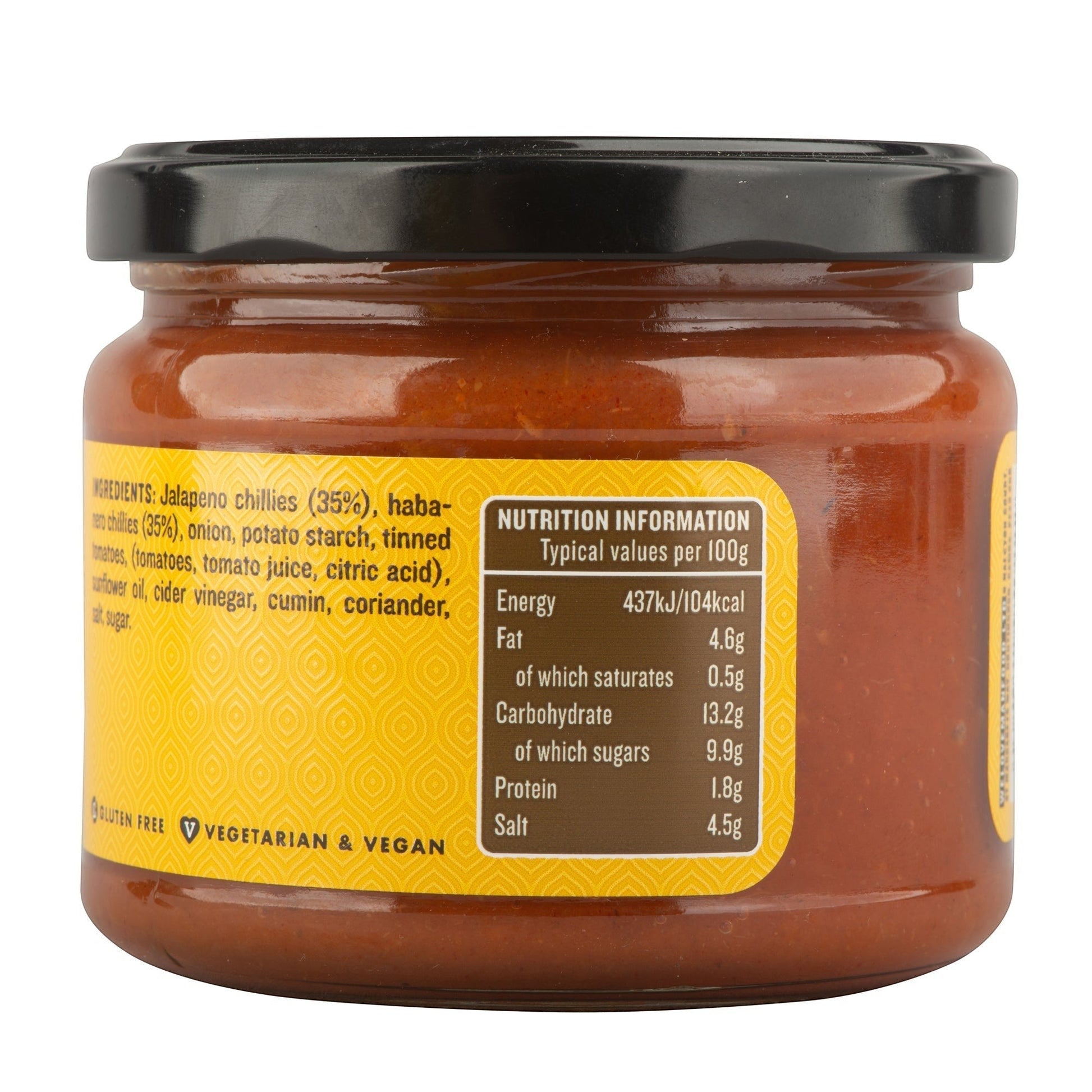 Manfood hot chilli sauce jar showing nutritional information and ingredients label on a white background