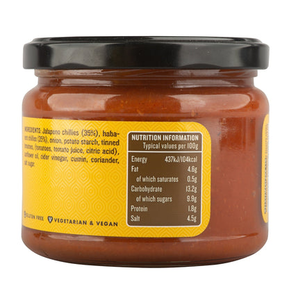 Manfood hot chilli sauce jar showing nutritional information and ingredients label on a white background