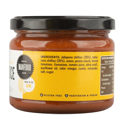 Manfood hot chilli sauce jar showing ingredients list, nutritional info, and Made in the UK label.