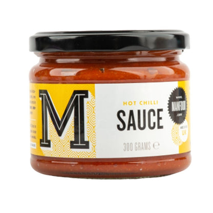 Manfood hot chilli sauce in a 300g glass jar with a black lid, featuring barrel-aged jalapeño and habanero.
