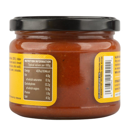 Manfood hot chilli sauce in a glass jar with a black lid, showing nutritional information on the label.