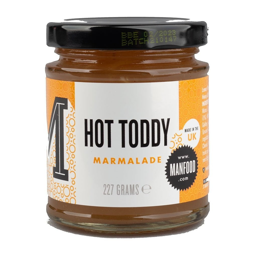 Manfood Hot Toddy Marmalade Preserve jar with golden marmalade and label, showcasing a delicious citrus marmalade spread.