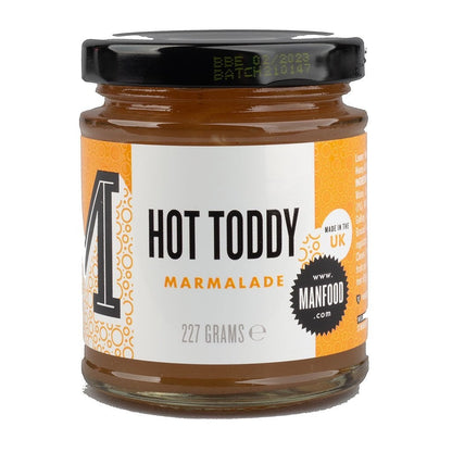Manfood Hot Toddy Marmalade Preserve jar with golden marmalade and label, showcasing a delicious citrus marmalade spread.