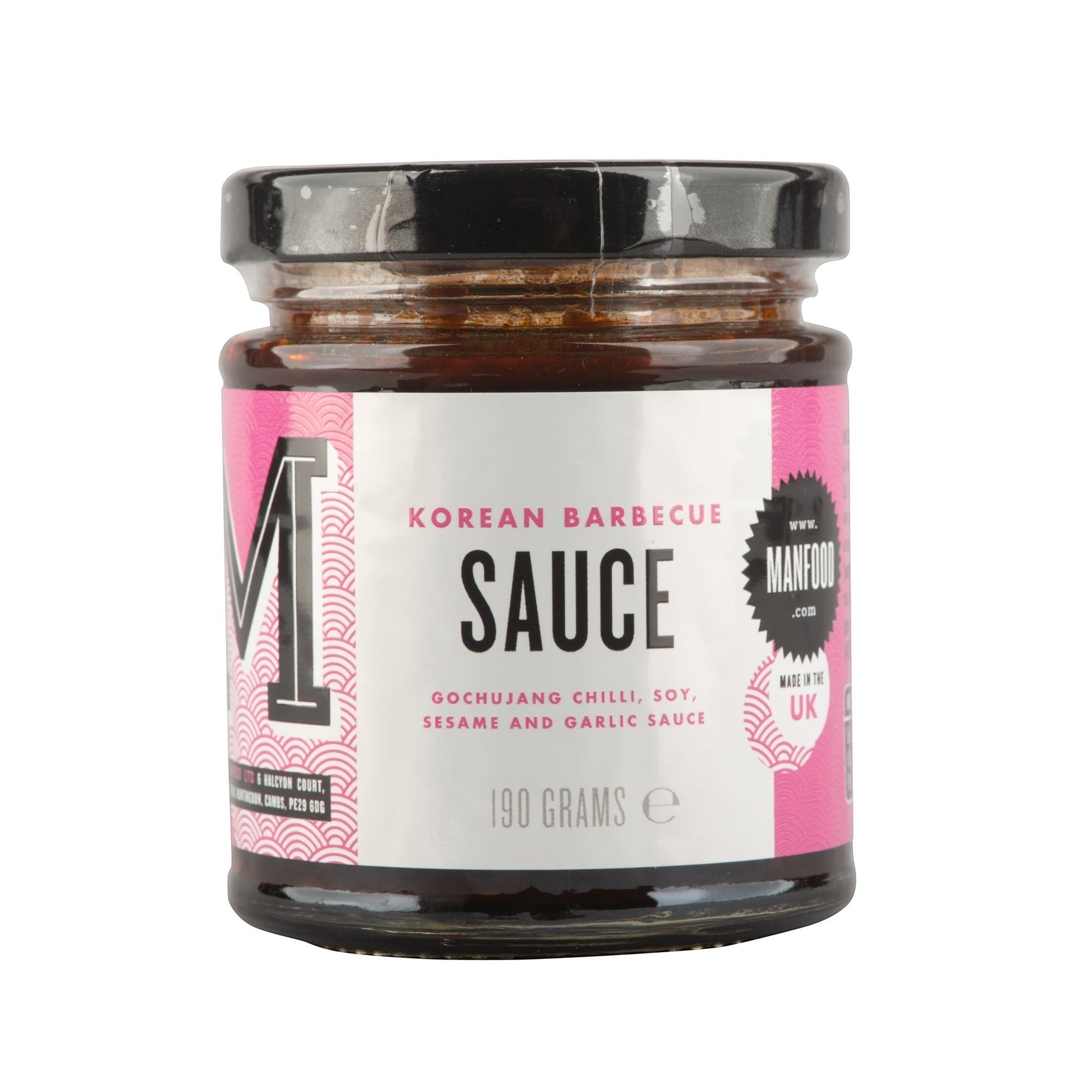 Manfood  Korean Barbecue Sauce in a 190g glass jar with a pink and white label featuring gochujang and sesame.