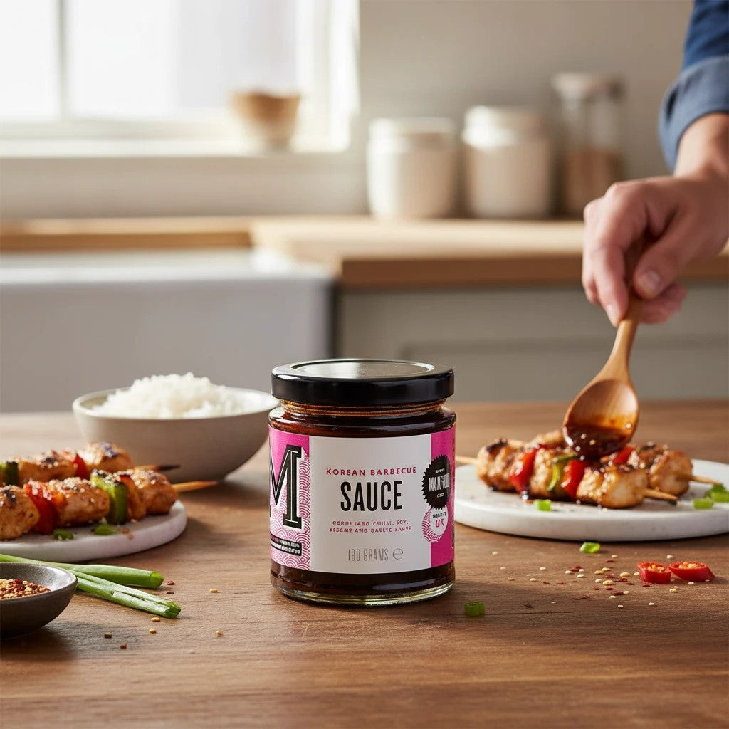 Bottle of Manfood Korean barbecue sauce with a dark, glossy appearance, perfect for grilling and marinating.