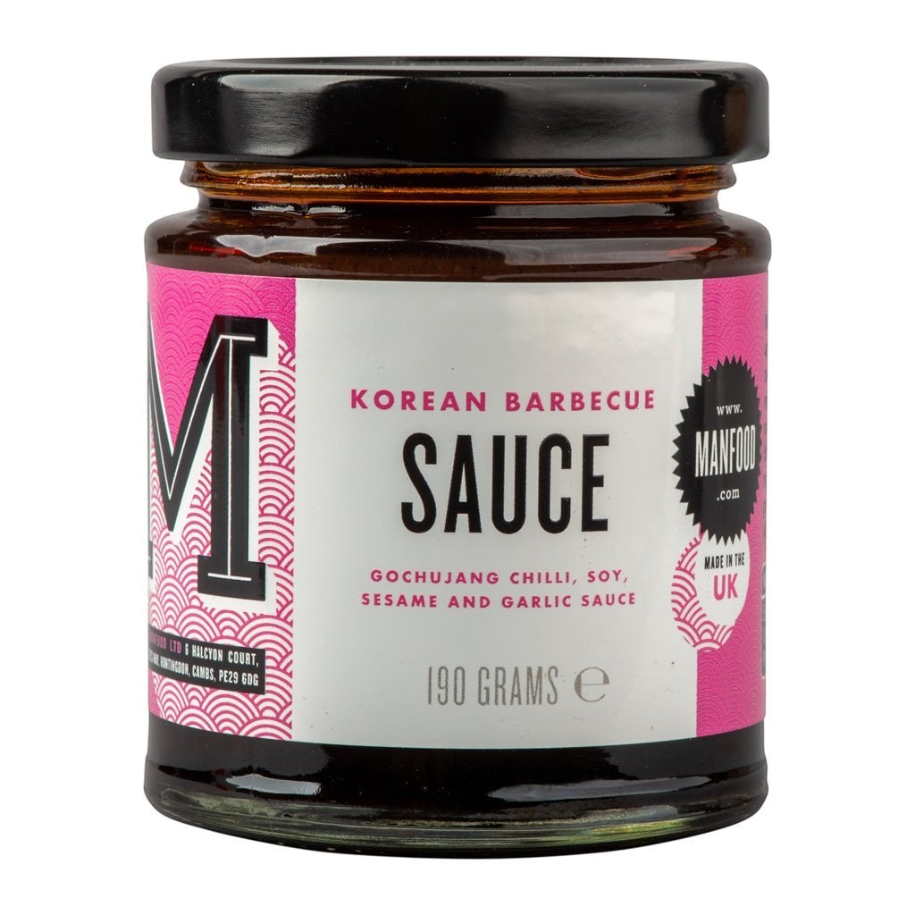 Manfood Korean Barbecue Sauce bottle with label, showcasing rich, dark sauce in a clear glass container for grilling or marinating