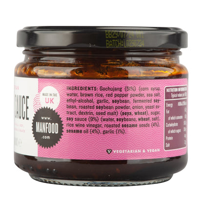 Manfood Korean Taco Sauce jar showing ingredients list and nutritional information on a pink label