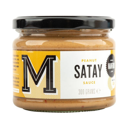 Manfood Peanut Satay Sauce in a 300g glass jar with a yellow and white label featuring a large letter M.