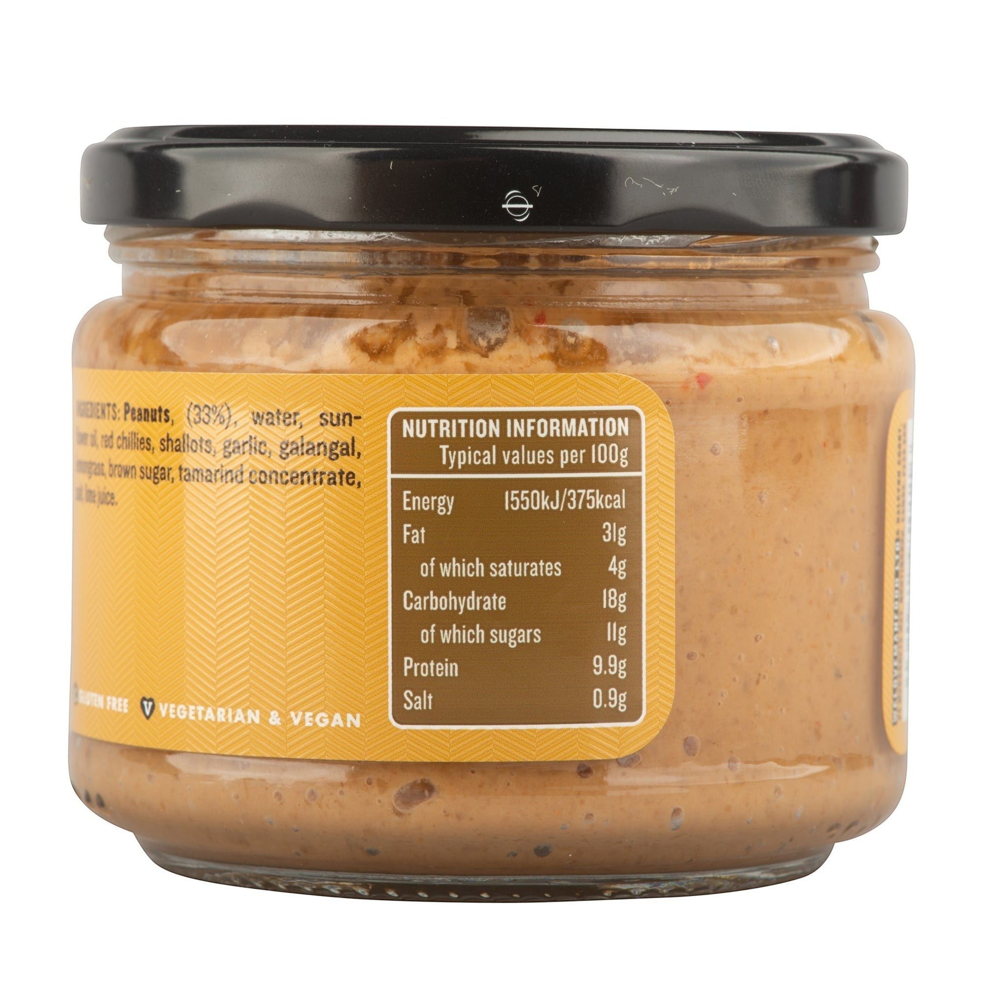 Manfood Peanut Satay Sauce jar showing nutritional information and ingredients label on a white background