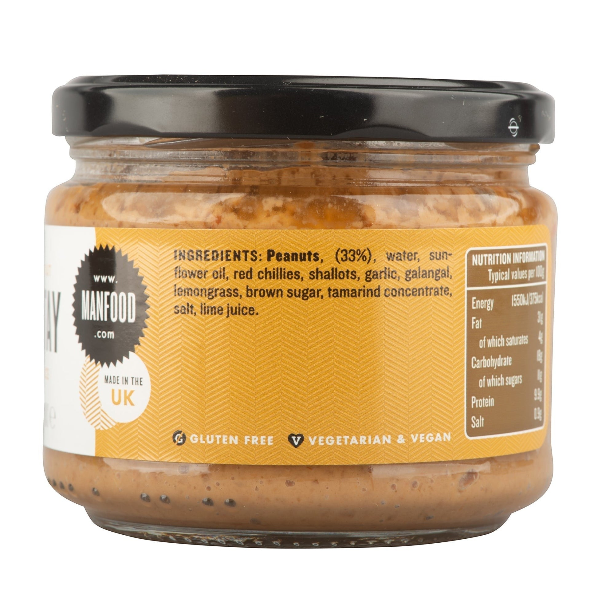 Manfood Cambs vegan peanut satay sauce in a glass jar with ingredient and nutritional information label