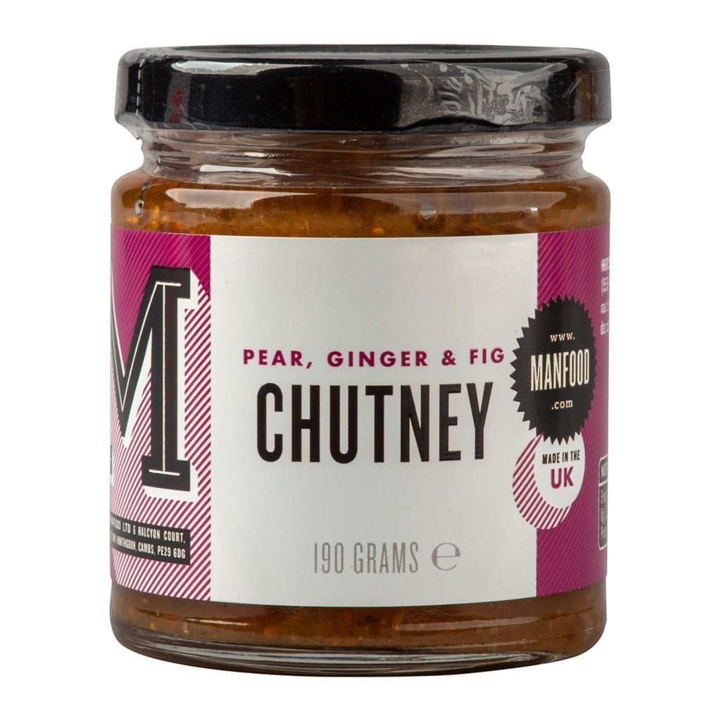 Manfood pear, apple, fig, and plum chutney in a jar, showcasing a colorful, chunky fruit spread with ginger pieces.