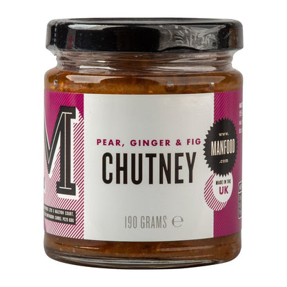 Manfood pear, apple, fig, and plum chutney in a jar, showcasing a colorful, chunky fruit spread with ginger pieces.