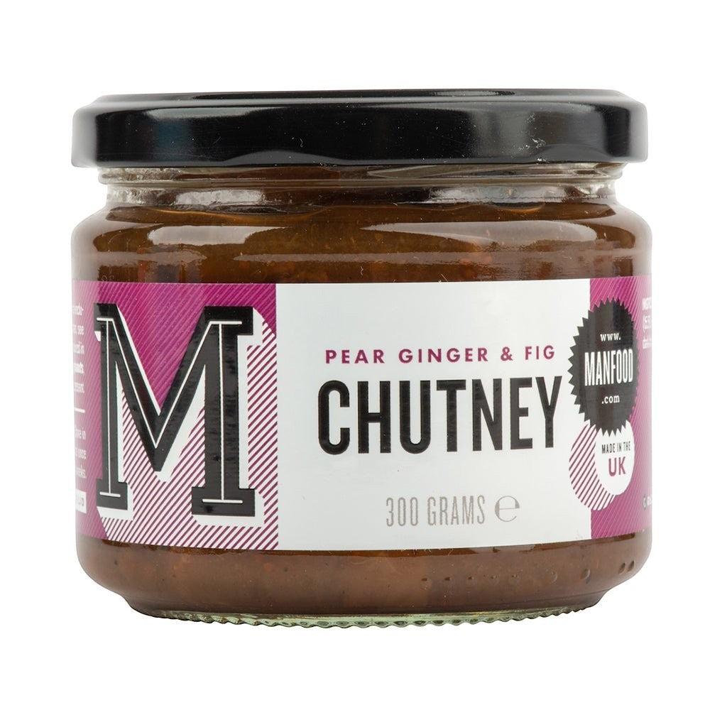 Manfood Pear, Apple, Fig, and Plum Chutney jar with fresh fruit and ginger slices, showcasing the colorful chutney inside.