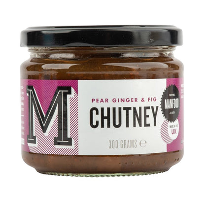 Manfood Pear, Apple, Fig, and Plum Chutney jar with fresh fruit and ginger slices, showcasing the colorful chutney inside.