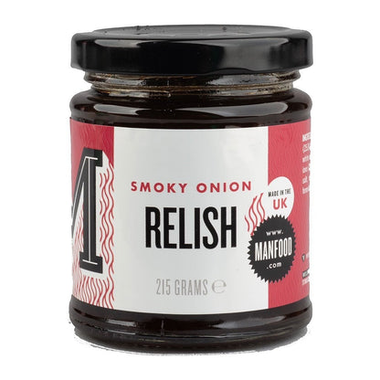 Jar of Manfood Smokey Onion Relish showing dark caramelized onions in a clear glass jar