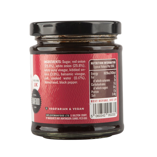 Manfood Smokey Onion Relish jar label with black lid and colorful label design featuring onions and smoky flavor imagery.