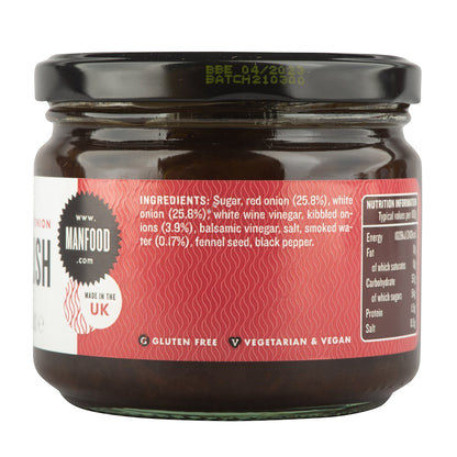 Manfood Smokey Onion Relish jar label showing the product name and brand, with a dark background and detailed label design.