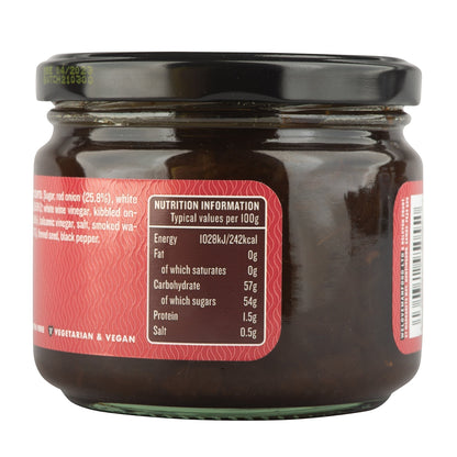 Close-up of Manfood Smokey Onion Relish nutrition label showing ingredients and nutritional information.