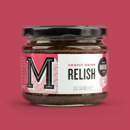 Jar of Manfood Smokey Onion Relish with visible chunks of caramelized onions and a smoky, dark-colored relish in a glass jar.