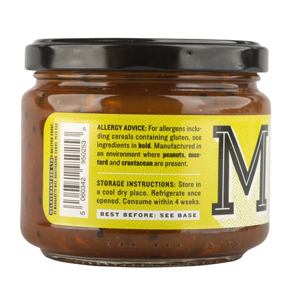 Jar of Manfood Spiced Mango Chutney showing a vibrant label and smooth mango chutney inside the glass jar.