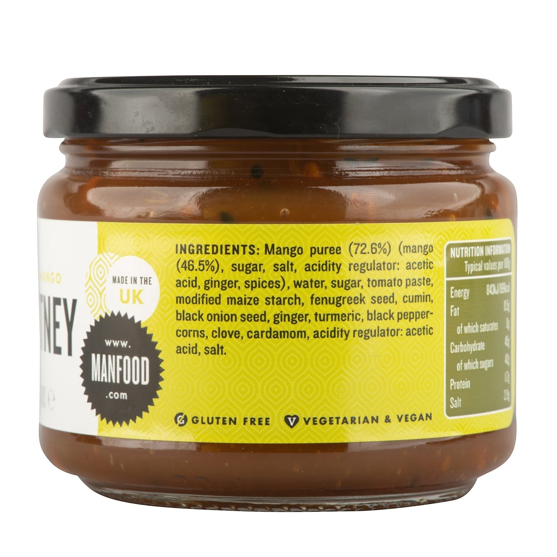 Jar of Manfood Spiced Mango Chutney showing a clear label on a glass jar with a colorful mango chutney inside.