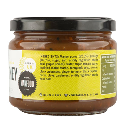 Jar of Manfood Spiced Mango Chutney showing a clear label on a glass jar with a colorful mango chutney inside.