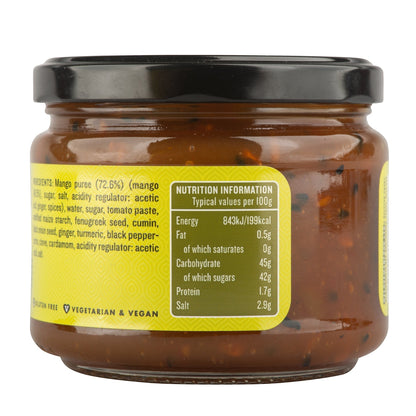 Spiced Mango Chutney label by Manfood showing vibrant packaging and colorful design.