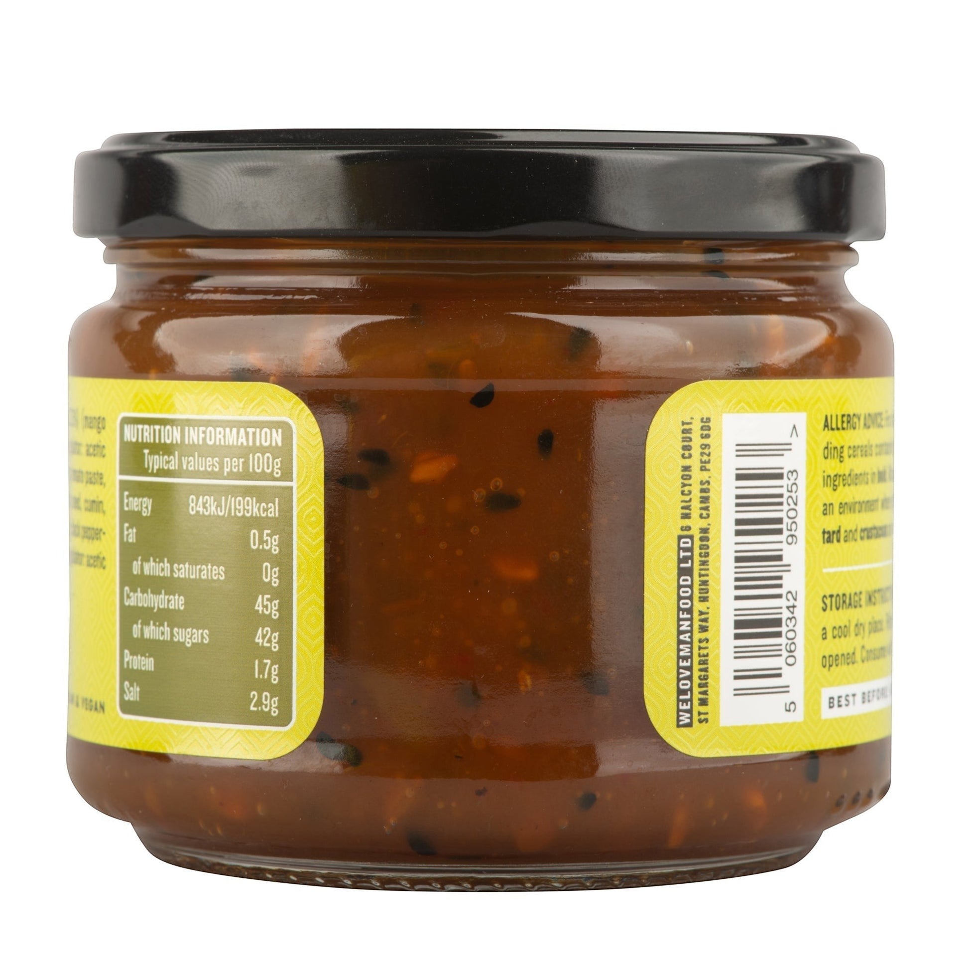 Jar of Manfood Spiced Mango Chutney with visible chunks of mango and spices in a clear glass jar.