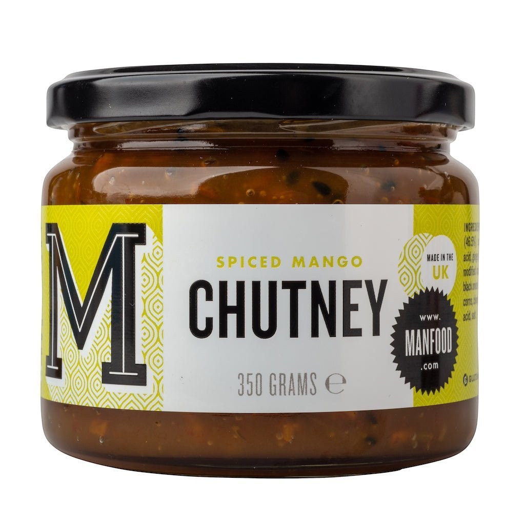 Manfood Spiced Mango Chutney jar with vibrant label, showcasing the flavorful, sweet and spicy condiment in a glass jar.