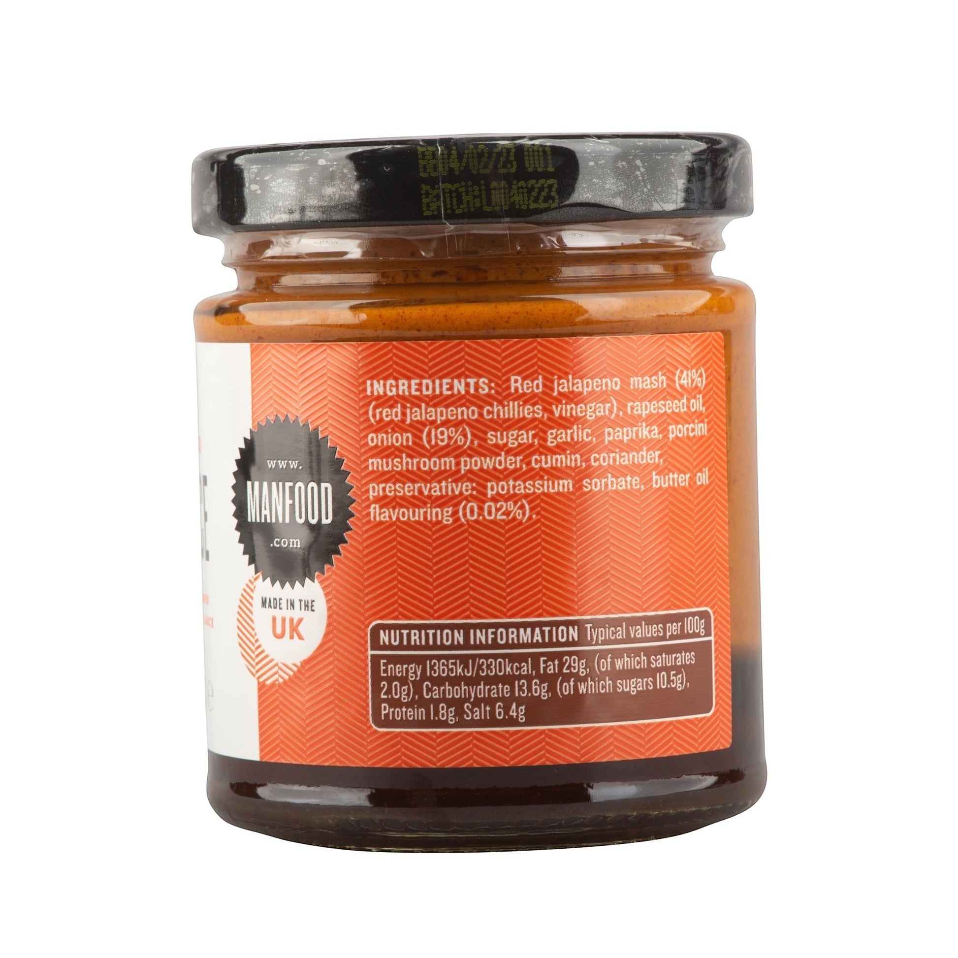 Manfood vegan buffalo sauce label featuring chili and onion flavors in a butter-flavored sauce bottle.
