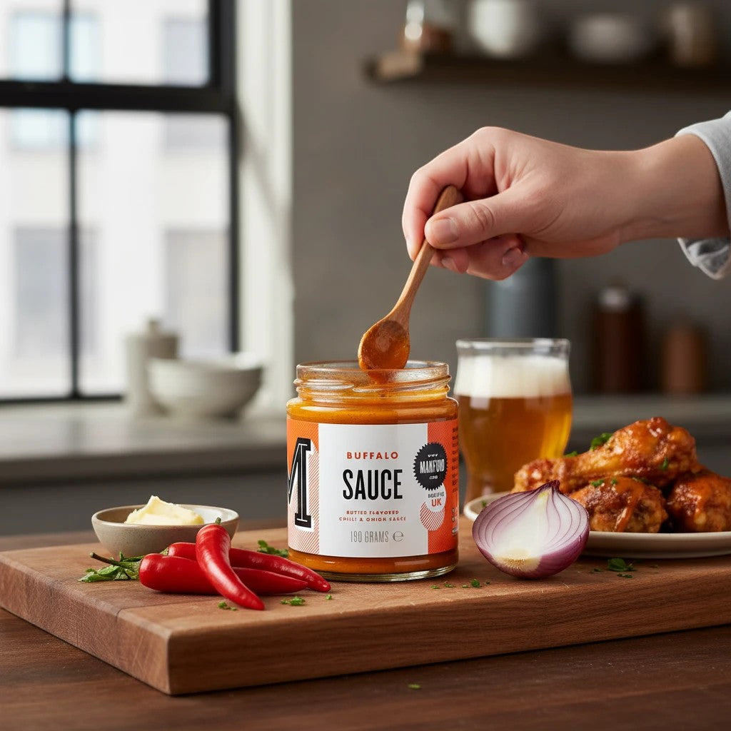 Manfood vegan buffalo sauce jar with chili and onion, showcasing the butter-flavored chili sauce in a glass container.