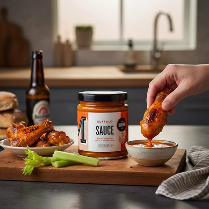 Manfood vegan buffalo sauce bottle with butter-flavored chili and onion sauce, showing the label and vibrant red sauce inside