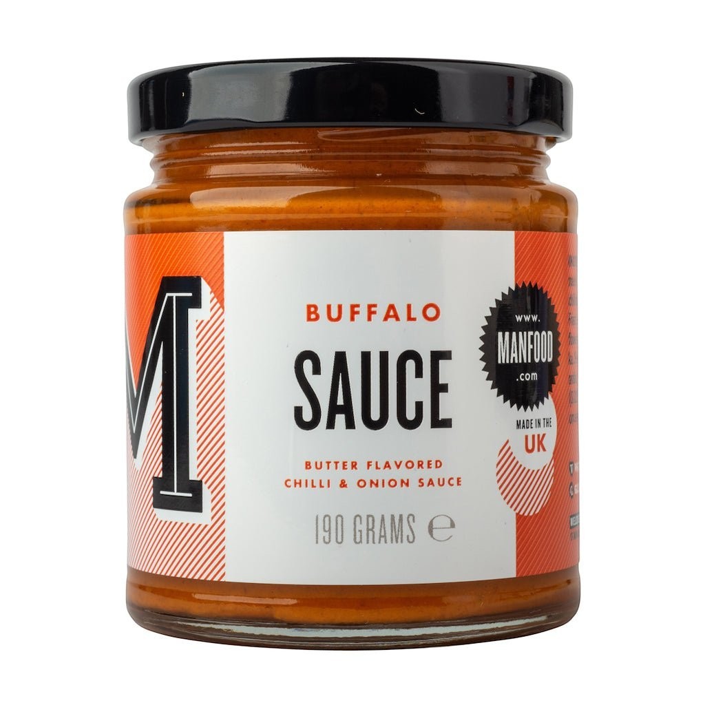Manfood vegan buffalo sauce with butter flavor, featuring chili and onion ingredients in a jar.