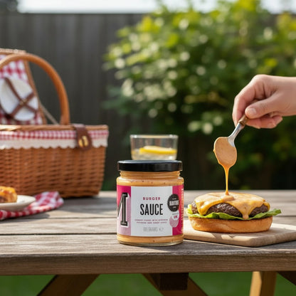 Manfood vegan creamy burger sauce in a jar, smooth and rich texture, ideal for adding flavor to burgers and sandwiches.