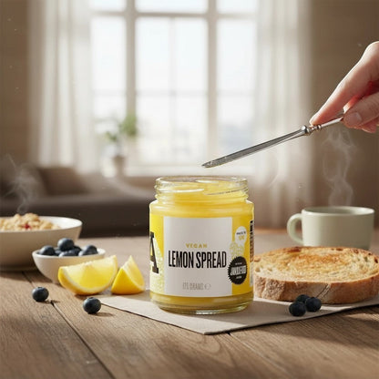 Jar of Manfood vegan lemon curd spread with a lemon and spread visible on the label, in a clear glass jar with a metal lid.