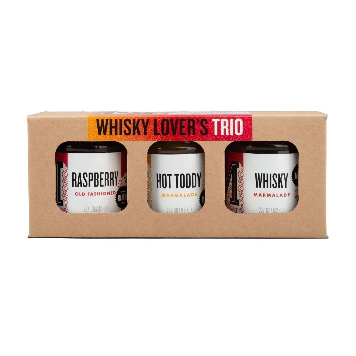 Manfood Whisky Lover's Trio Marmalade Gift Set in a decorative gift box, featuring three jars of flavored marmalade for whisky enthusiasts.